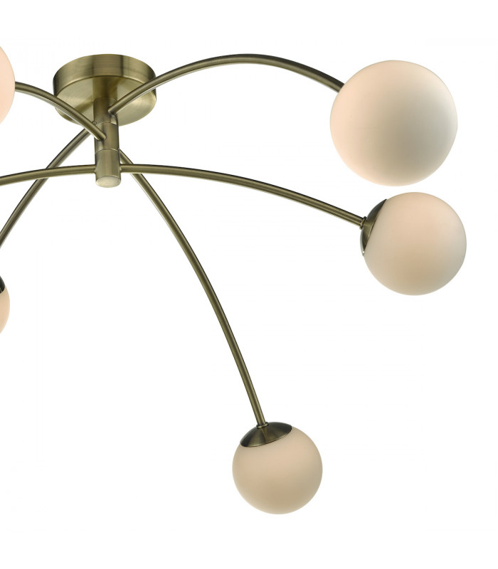 Semi Flush Ceiling Light Light Antique Brass & Opal Glass, 6x G9