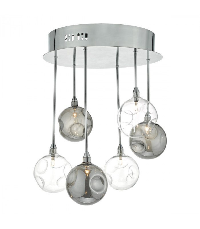 Semi Flush Ceiling Light Light Cluster Polished Chrome With Smoked & Clear Glass, 6x G4