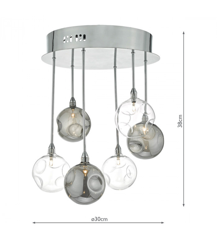 Semi Flush Ceiling Light Light Cluster Polished Chrome With Smoked & Clear Glass, 6x G4