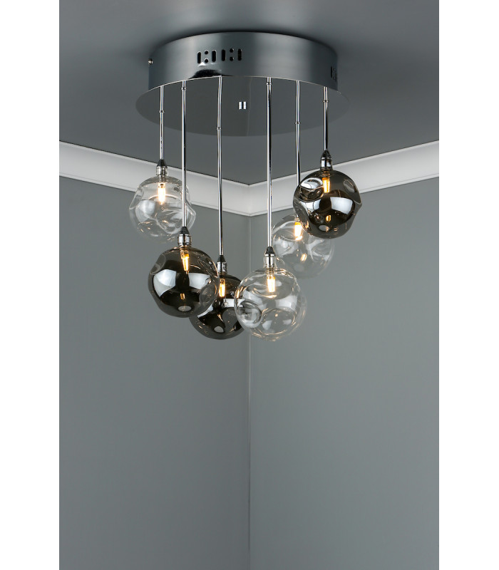 Semi Flush Ceiling Light Light Cluster Polished Chrome With Smoked & Clear Glass, 6x G4