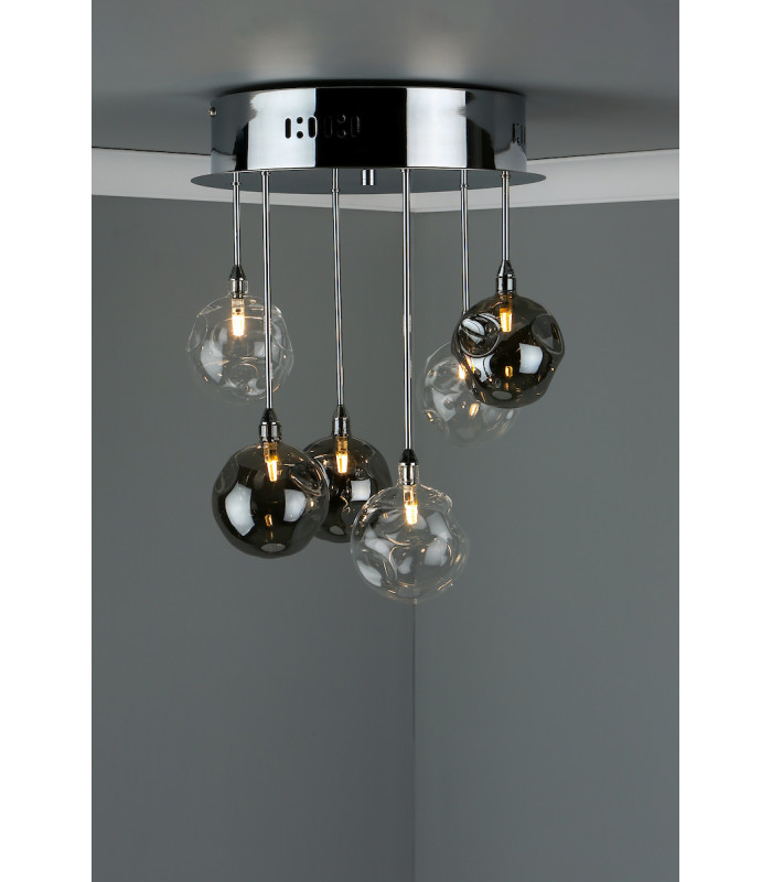 Semi Flush Ceiling Light Light Cluster Polished Chrome With Smoked & Clear Glass, 6x G4