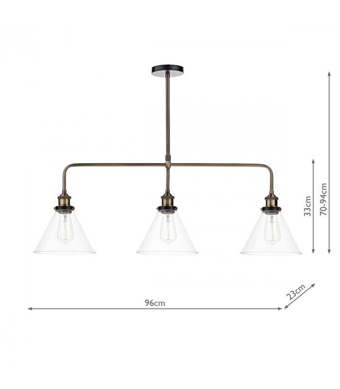 Straight Bar Pendant Light Antique Brass Clear, 3x E27
