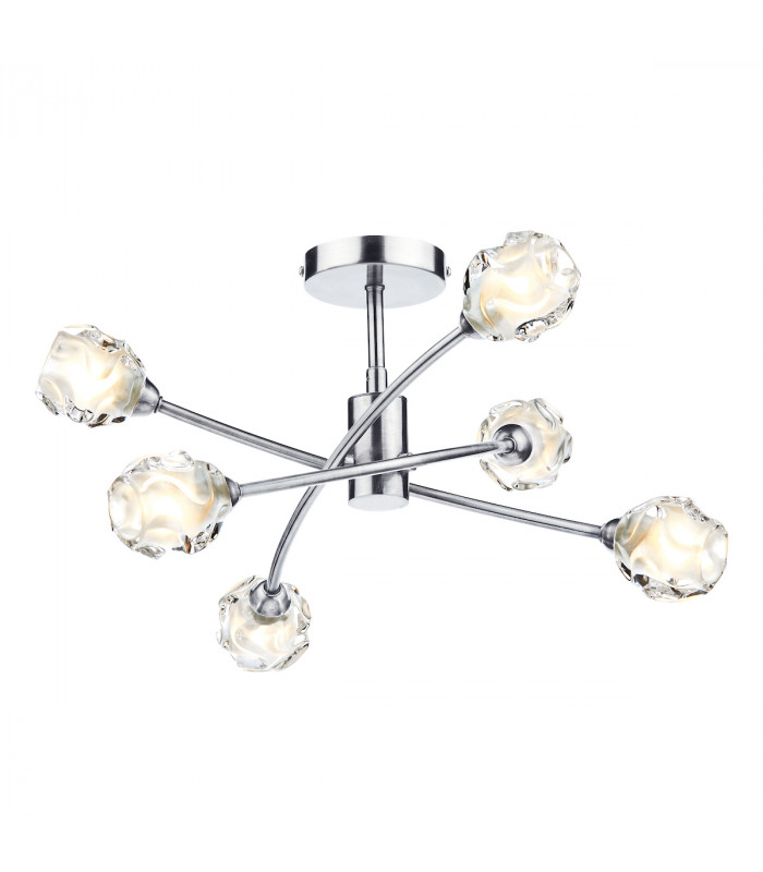 Semi Flush Ceiling Light Light Satin Chrome & Sculptured Glass, 6x G9