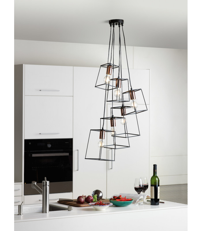 Cube Wire Frame Cluster Pendant Light Black, 6x E27