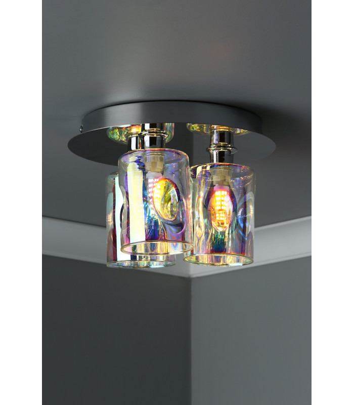 Flush Ceiling Light Pol Chrome & Iridised Glass, 3x G9