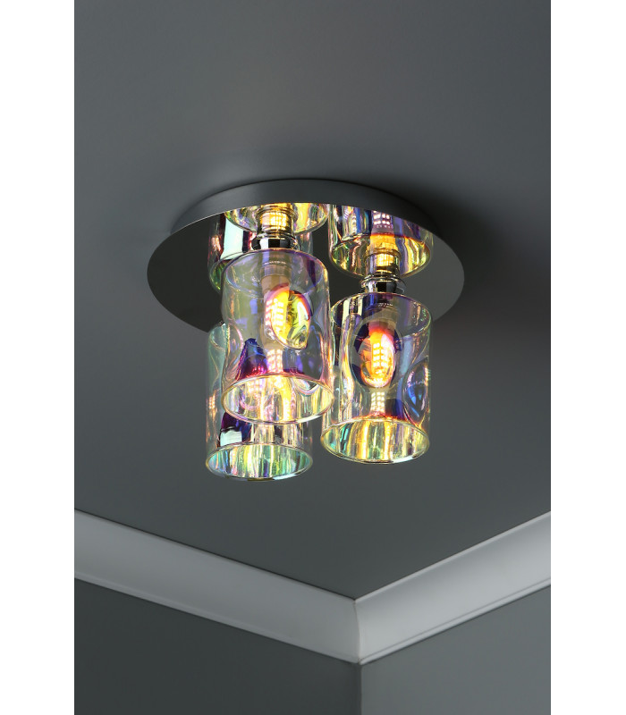 Flush Ceiling Light Pol Chrome & Iridised Glass, 3x G9