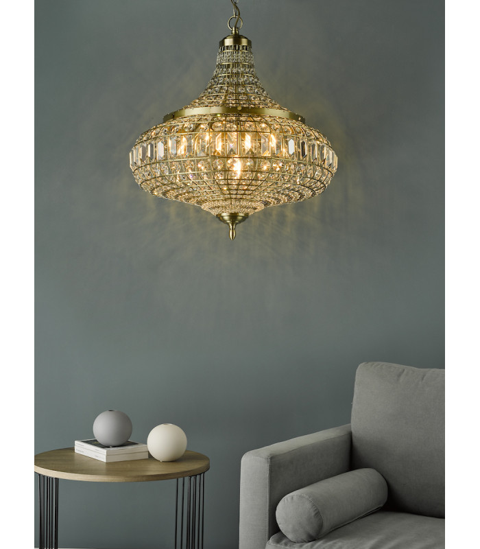 Pendant Light Antique Brass Crystal, 6x E14