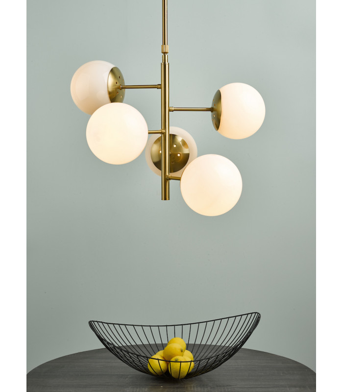 Pendant Light Natural Brass & Opal Glass, 5x E14