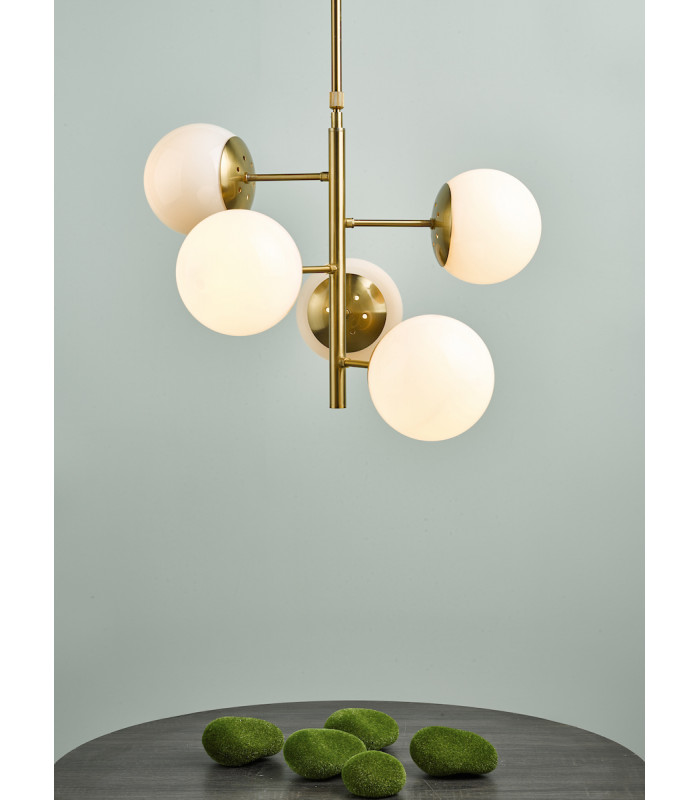 Pendant Light Natural Brass & Opal Glass, 5x E14