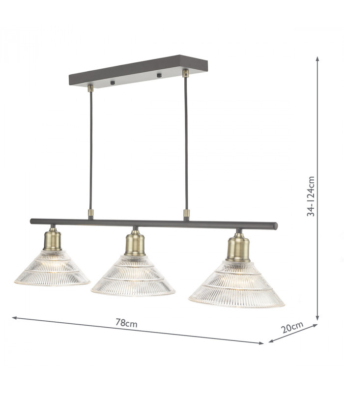 Straight Bar Antique Brass with Glass Shade, 3x E27