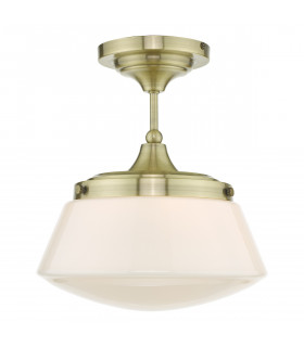 Bowl Semi Flush Ceiling Light Light Antique Brass Opal Glass IP44