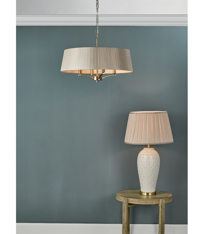 Cylindrical Pendant Light Antique Brass With Taupe Ribbon Shade, 4x E14