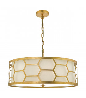 Cylindrical Pendant Light Gold With Ivory Shade & Frosted Glass Diffuser, 4x E27