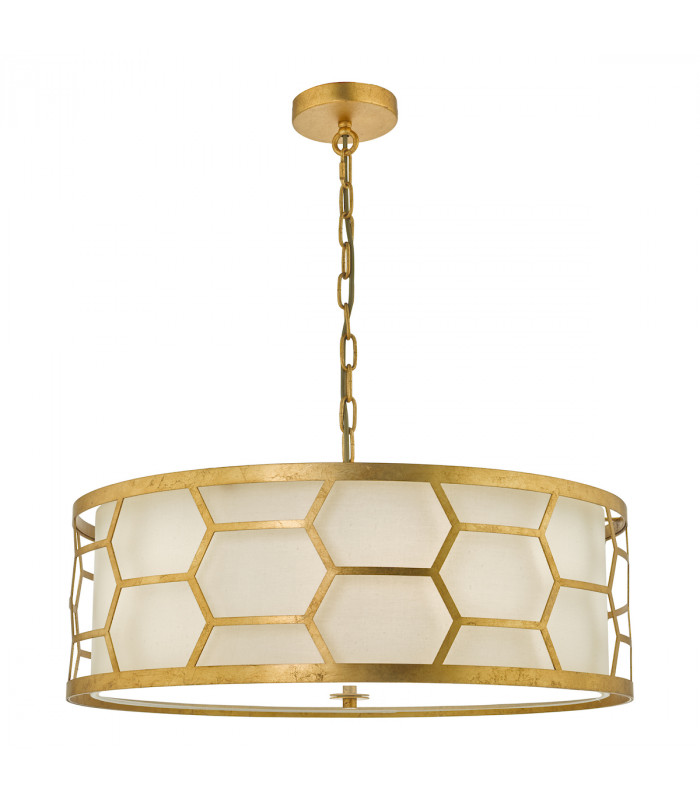 Cylindrical Pendant Light Gold With Ivory Shade & Frosted Glass Diffuser, 4x E27