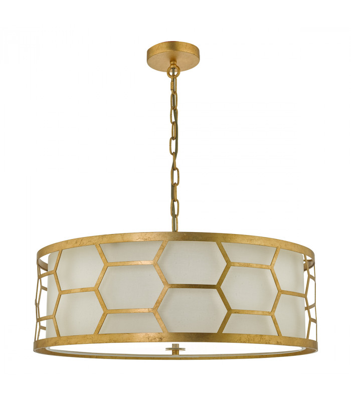Cylindrical Pendant Light Gold With Ivory Shade & Frosted Glass Diffuser, 4x E27