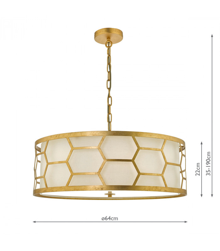 Cylindrical Pendant Light Gold With Ivory Shade & Frosted Glass Diffuser, 4x E27