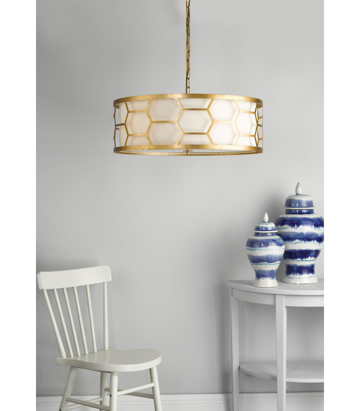 Cylindrical Pendant Light Gold With Ivory Shade & Frosted Glass Diffuser, 4x E27