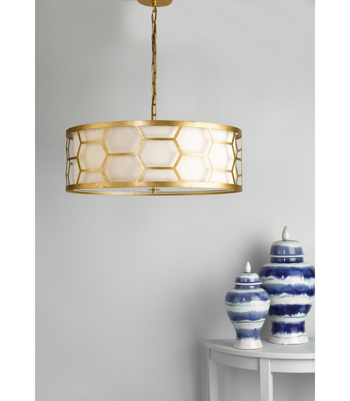 Cylindrical Pendant Light Gold With Ivory Shade & Frosted Glass Diffuser, 4x E27