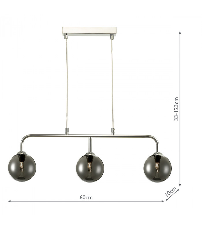 Straight Bar Pendant Light Polished Chrome Smoked Glass, 3x G9