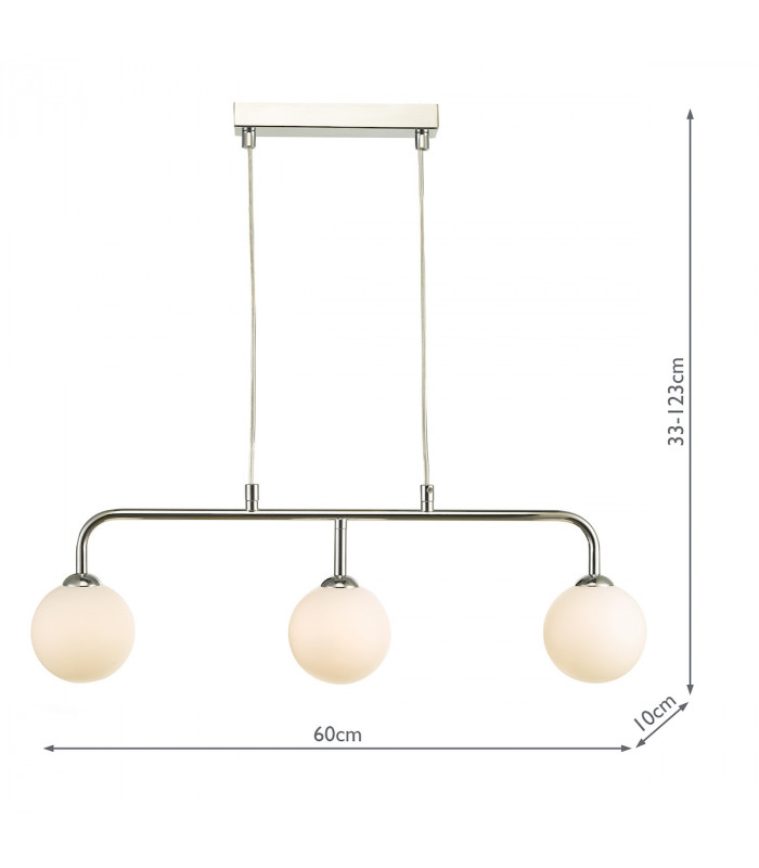Straight Bar Pendant Light Polished Chrome Opal Glass, 3x G9