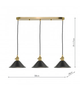 Straight Bar Brass Suspension With Antique Pewter Shades, 3x E14