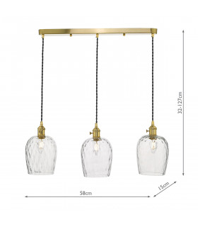 Straight Bar Brass Suspension With Dimpled Glass Shades, 3x E14