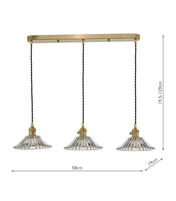 Straight Bar Brass Suspension With Flared Glass Shades, 3x E14