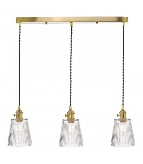 Straight Bar Brass Suspension With Ribbed Glass Shades, 3x E14