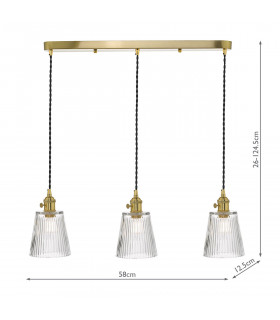 Straight Bar Brass Suspension With Ribbed Glass Shades, 3x E14