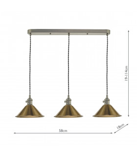Straight Bar Antique Chrome Suspension With Aged Brass Shades, 3x E14