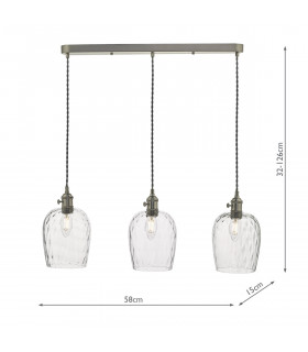 Straight Bar Antique Chrome Suspension With Dimpled Glass Shades, 3x E14