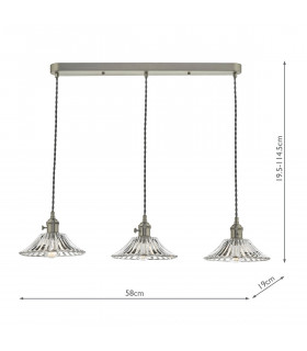Straight Bar Antique Chrome Suspension With Flared Glass Shades, 3x E14