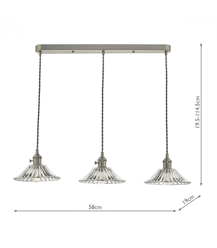 Straight Bar Antique Chrome Suspension With Flared Glass Shades, 3x E14