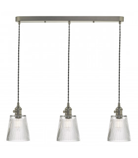 Straight Bar Antique Chrome Suspension With Ribbed Glass Shades, 3x E14