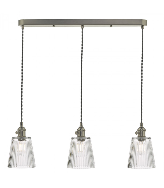 Straight Bar Antique Chrome Suspension With Ribbed Glass Shades, 3x E14