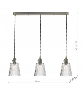 Straight Bar Antique Chrome Suspension With Ribbed Glass Shades, 3x E14