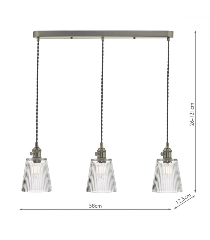 Straight Bar Antique Chrome Suspension With Ribbed Glass Shades, 3x E14