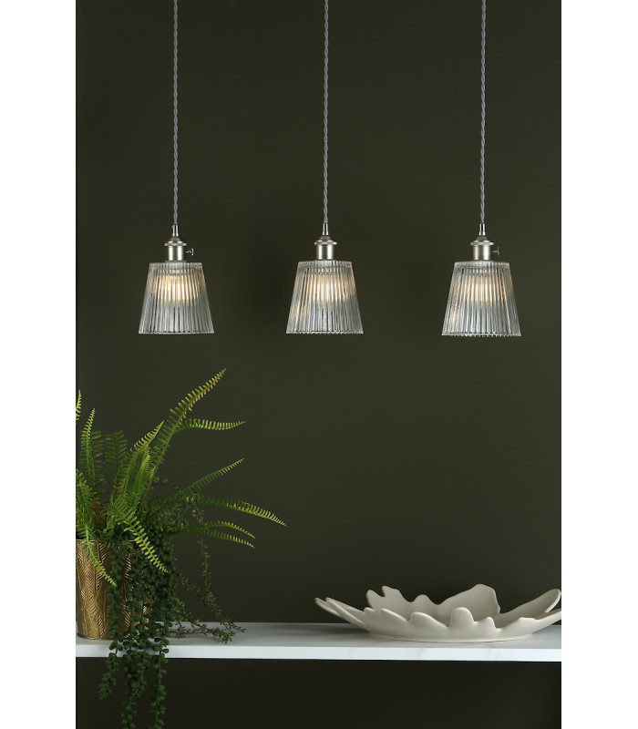 Straight Bar Antique Chrome Suspension With Ribbed Glass Shades, 3x E14