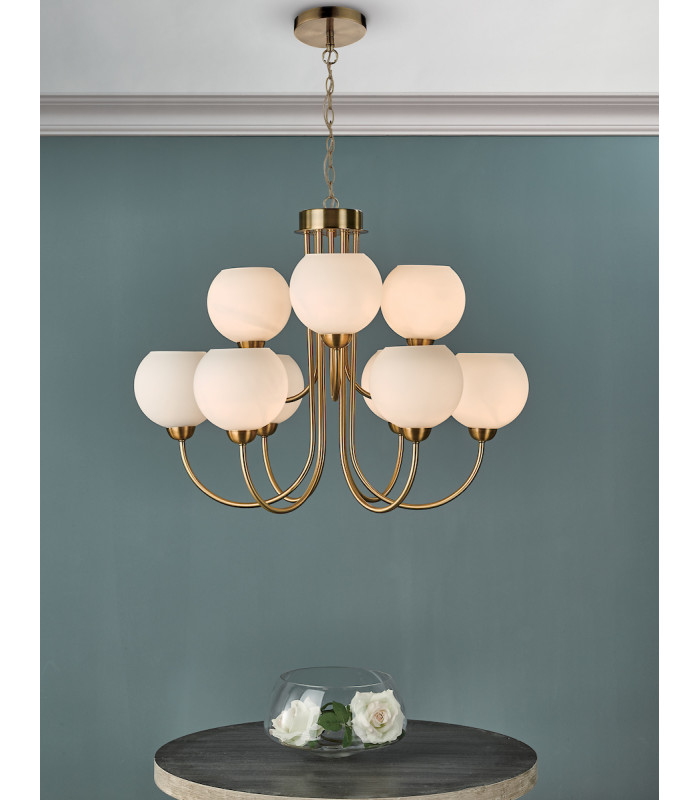 Pendant Light Natural Brass With Opal Glass, 9x E14