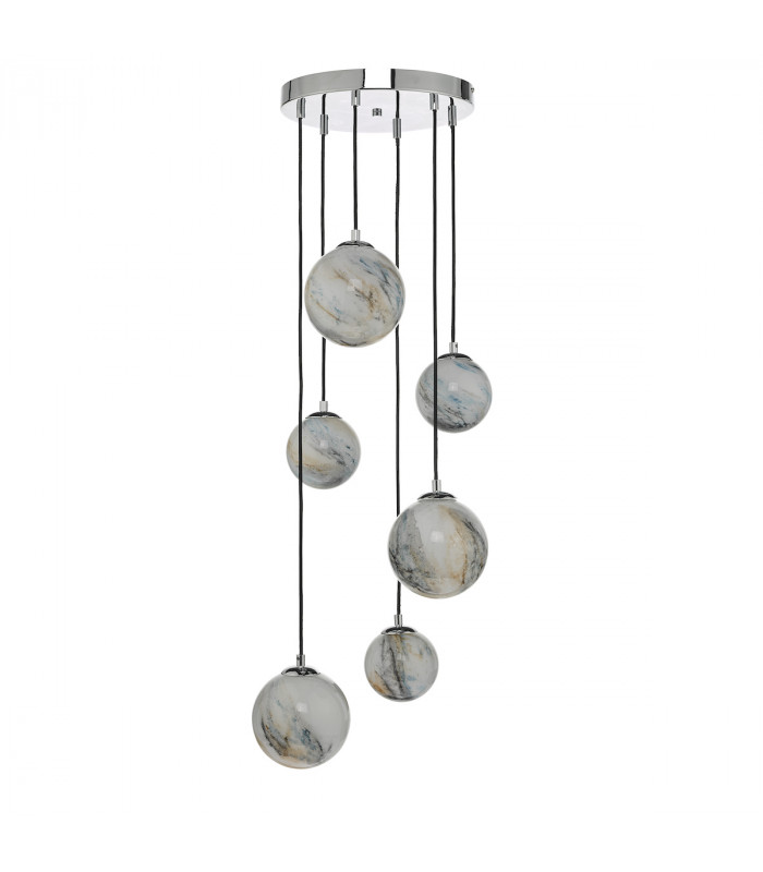 Cluster Pendant Light Marble Effect Glass & Polished Chrome, 6x G9