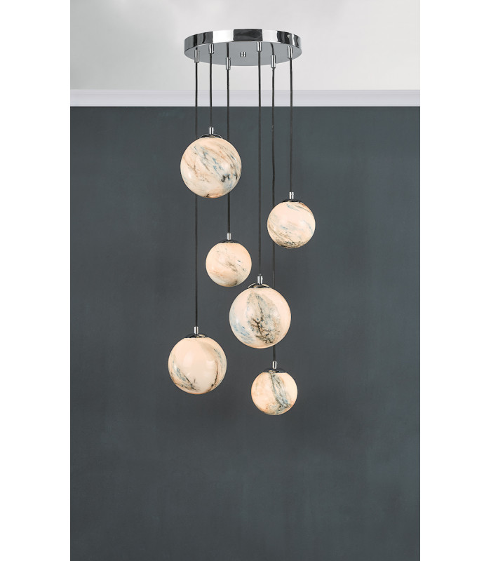 Cluster Pendant Light Marble Effect Glass & Polished Chrome, 6x G9