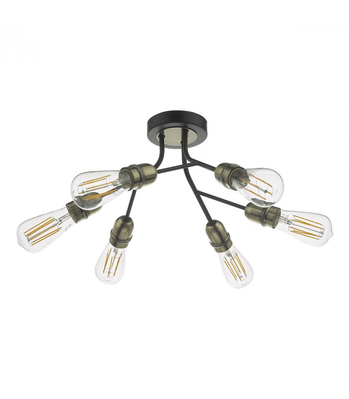 Semi Flush Ceiling Light Light Black & Antique Brass, 6x E27