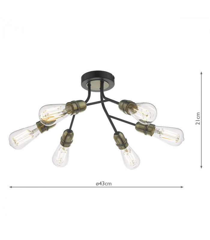 Semi Flush Ceiling Light Light Black & Antique Brass, 6x E27