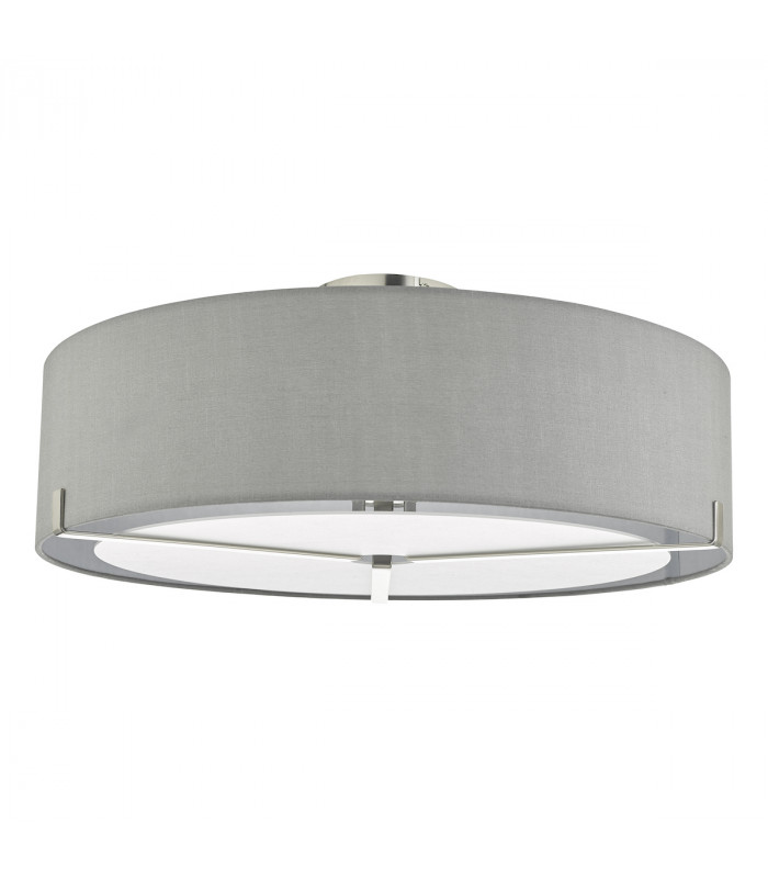 Cylindrical Semi Flush Ceiling Light Satin Chrome With Grey Shade, 3x E27