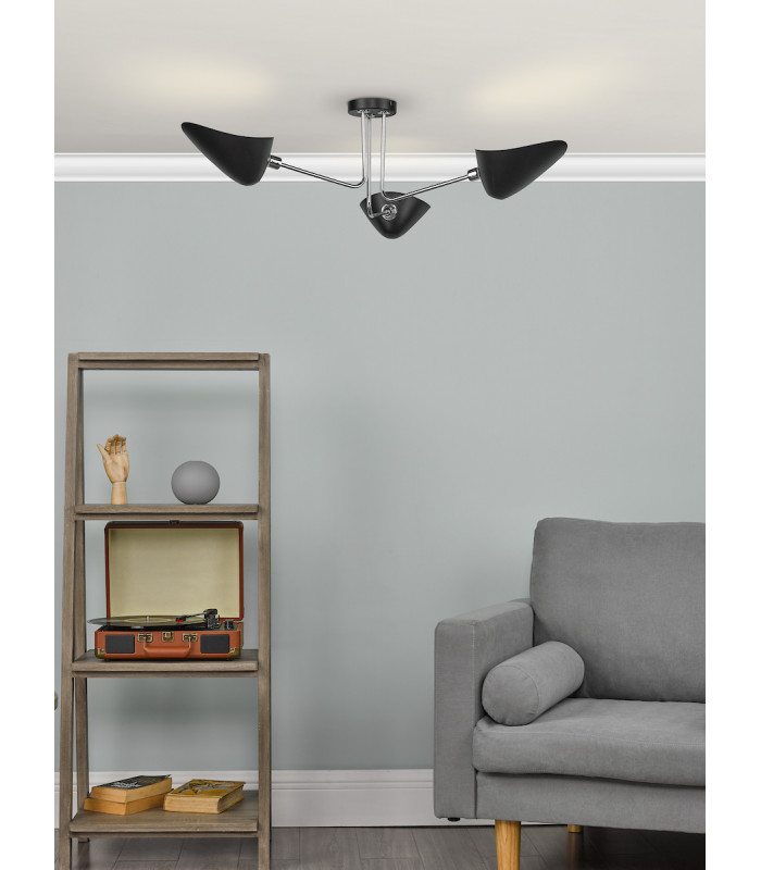 Semi Flush Ceiling Light Light Matt Black Polished Chrome, 3x E14