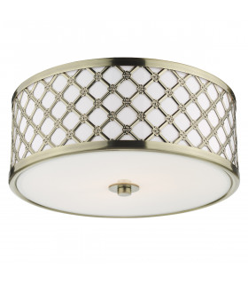 Cylindrical Small 2 Light Flush Ceiling Light Antique Brass Frosted Glass