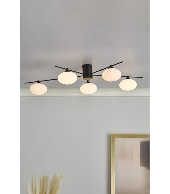 Semi Flush Ceiling Light Light Ceiling Light Matt Black Opal Glass, 5x G9