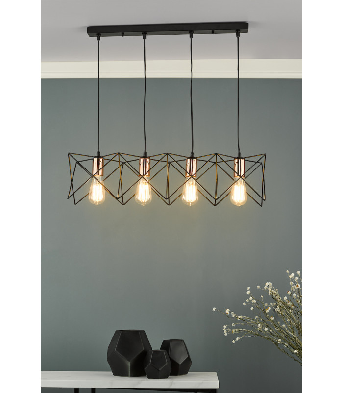 Straight Bar Pendant Light Black And Copper, 4x E27