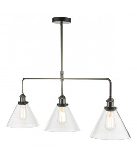 Straight Bar Pendant Light Antique Nickel Clear Glass, 3x E27