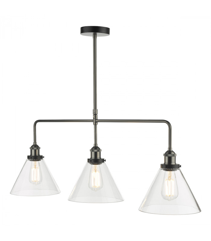 Straight Bar Pendant Light Antique Nickel Clear Glass, 3x E27